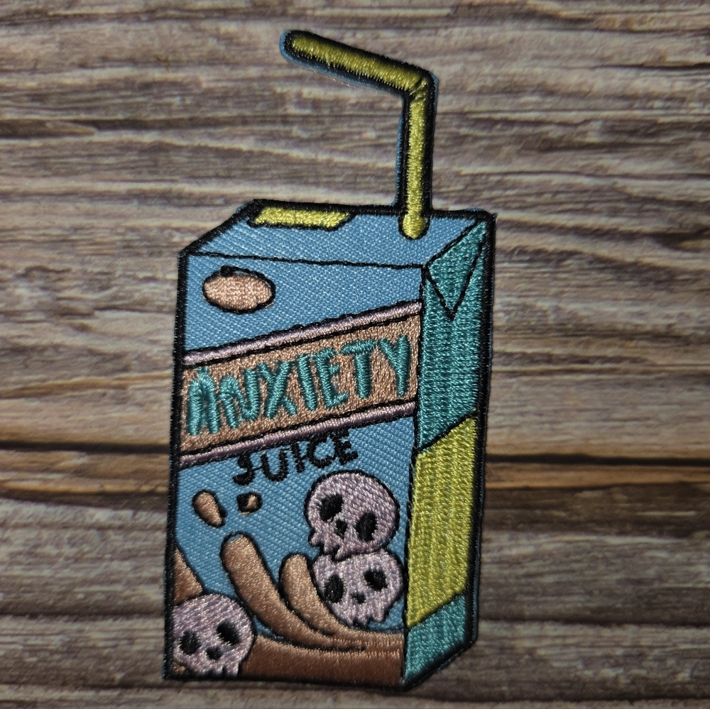 Anxiety Juice Box Skull Embroidered Iron on Patch Pick